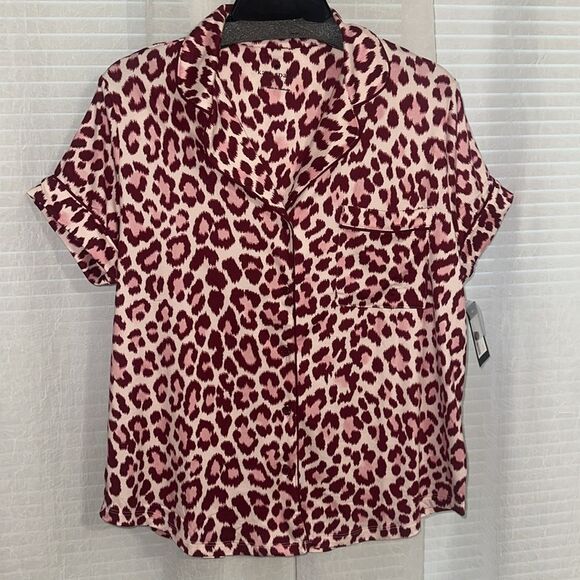 kateβspade M Blush Pink Burgundy Leopard Animal Print Short Sleeve Pants PJ Set - Picture 2 of 12
